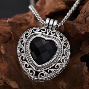Designer Inspired Heart Shaped with Black Stone Pendant Silver Plated Necklace